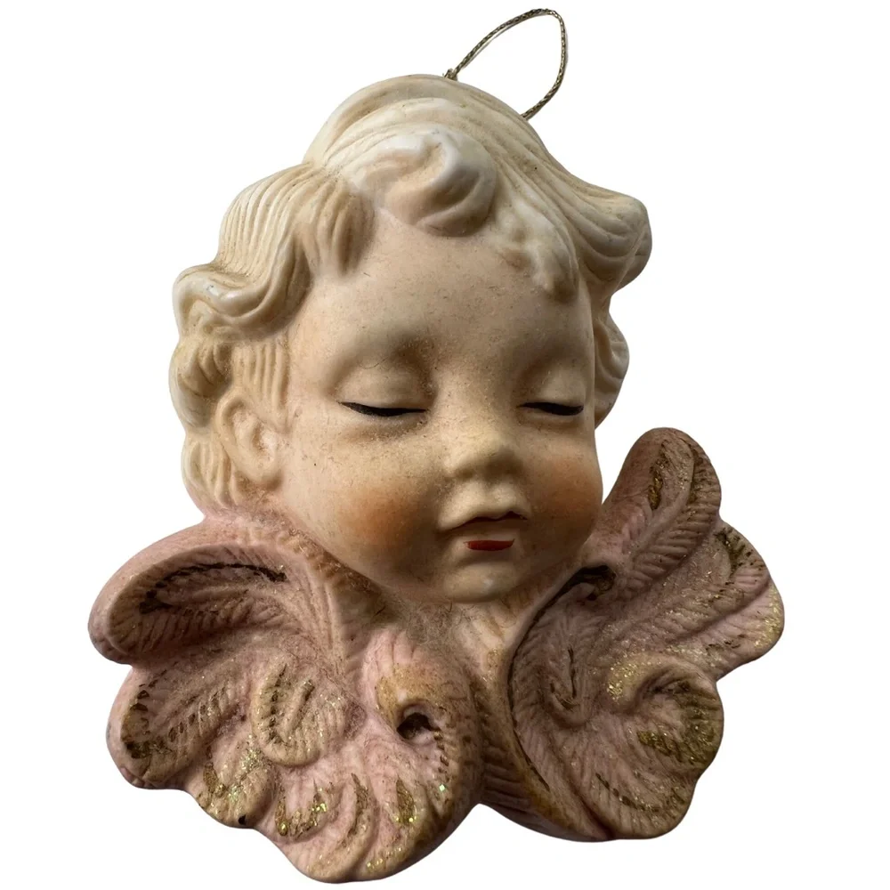 Two Vintage Christmas Cherub Angel Ornament Bisque Porcelain